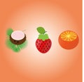 flat Set of fruits. orange, coconut, strawberry. A set of delicious fruits. Isolated on a white background.